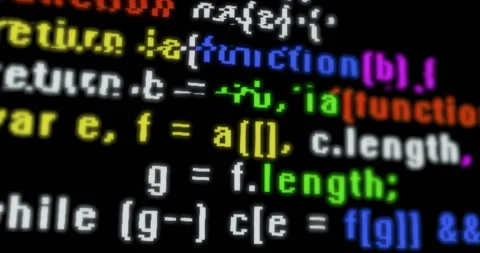Program code, glitch. Colorful computer programming code scroll close up pixel Video stock 266428893