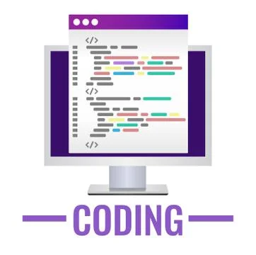 Program code icon in flat style. Personal computer with a code page. Stock Illustration