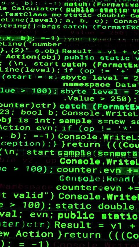 Program code of matrix on black background. Animation. Green text from set of Video stock 289650211