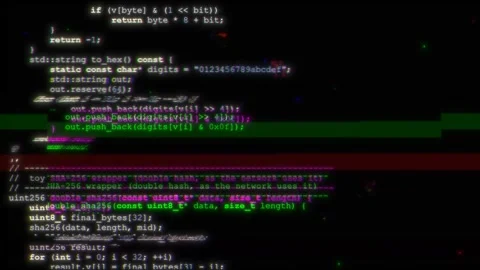Program code scrolls across dark screen with glitch effects in horizontal Vídeos de archivo 346442221