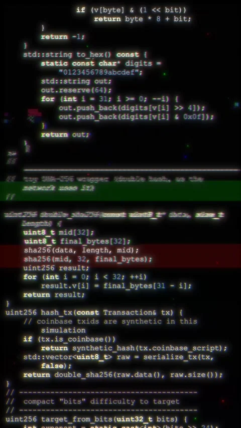 Program code scrolls vertically down dark screen with distortion effects Stock-Footage 345944555