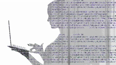 Program code text glitch woman silhouette laptop Stock Footage 237601697