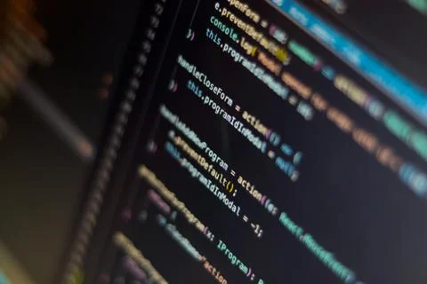 Program code visualization on computer display close-up Stock-Fotos