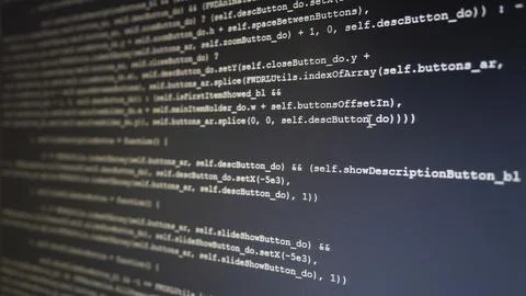 Program code web software development, close-up screen lateral view Stock Photos