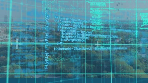 Program codes and aerial view of a city Stock Footage 107716518