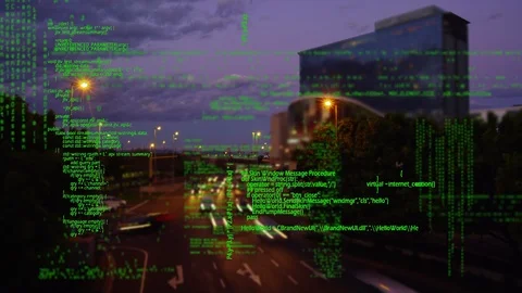 Program codes and a busy road Stock Footage 107679655