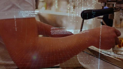 Program codes and a cup of coffee in a coffee machine Stock Footage 107678201