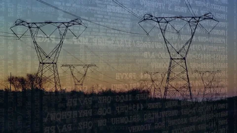 Program codes and a field with power line towers Stock Footage 109188191