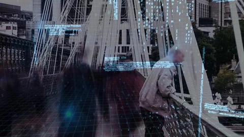 Program codes and people walking on a bridge 库存影片 107786411