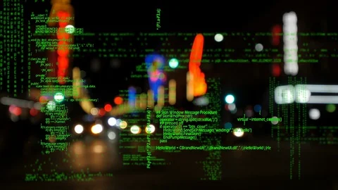 Program codes and street view in the night Stock Footage 107684513