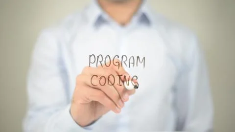 Program Coding , man writing on transparent screen Stockfoto's