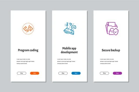Program coding, Mobile app development , Secure backup onboarding screens Stock Illustration