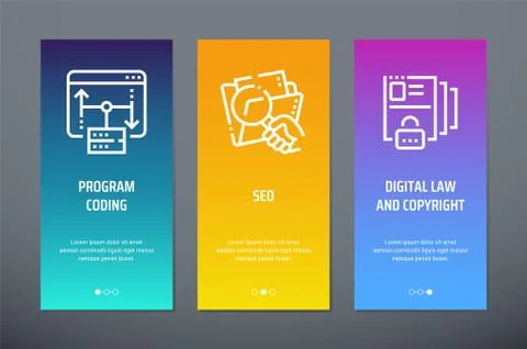 Program coding, Seo, Digital law and copyright Vertical Cards with strong Stock Illustration
