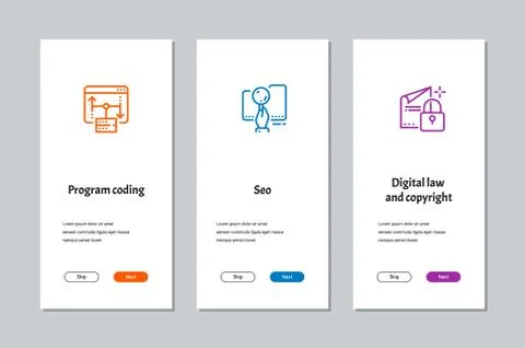 Program coding, Seo, Digital law and copyright onboarding screens Stock Illustration