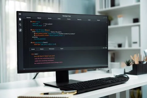 Program coding showing on pc monitor standing on desk working. Postulate. Stock Photos