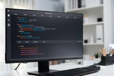 Program coding showing on pc monitor standing on desk working. Postulate. Stock Photos