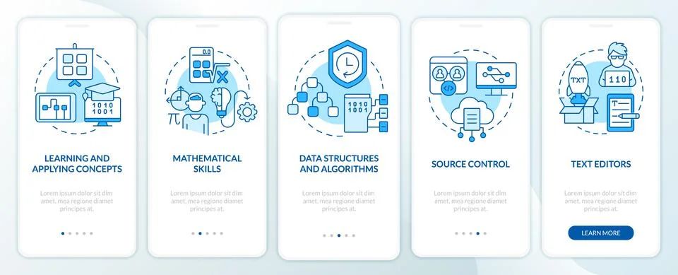 Program development skills blue onboarding mobile app screen Stock Illustration