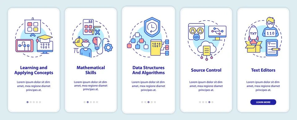 Program development skills onboarding mobile app screen Illustrazione stock