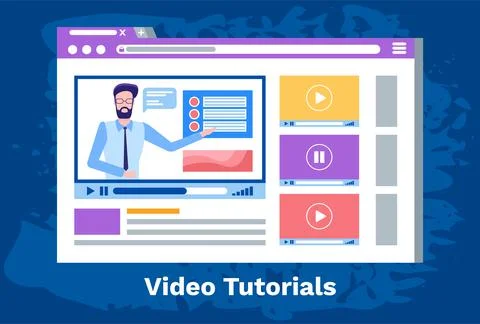 Program for distance learning template. Video tutorial with male teacher at Stock Illustration