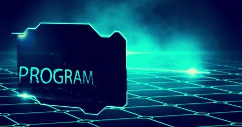 Program folder glowing on digital grid background with futuristic design Stock Photos