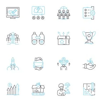 Program initiation linear icons set. Launch, Start, Commencement, Introduction Illustrazione stock