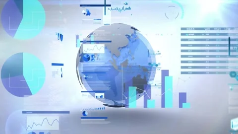 Program launching, graphic intro rotating globe and revealing charts signaling Stock Footage 330237822