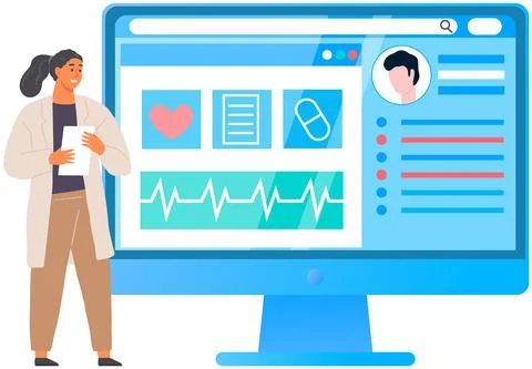 Program for medical consultation and diagnostics. Doctor working with technology Stockillustratie
