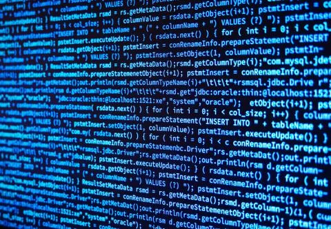 Program source computer data code on monitor screen on blue background. 3d il Stock Illustration