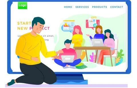 Program for students landing page template. Chatting via the Internet. Guy looks Stock Illustration