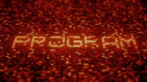 PROGRAM word being made with computer symbols on a red screen. Loopable Stock Footage 111477783