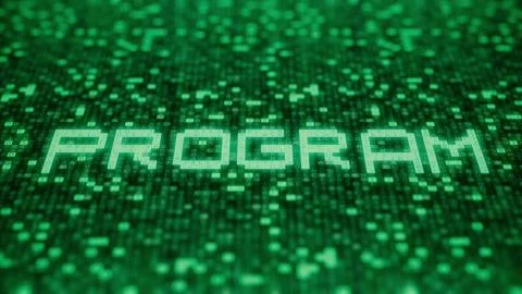 PROGRAM word being made with computer symbols on a green screen. rendering 스톡 일러스트