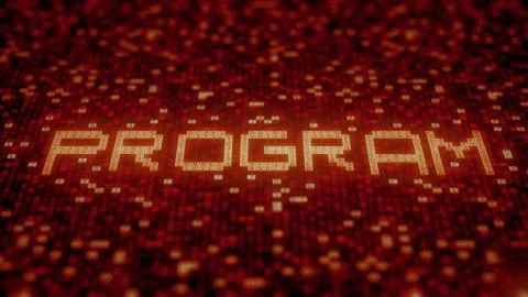 PROGRAM word being made with computer symbols on a red screen. rendering Stockillustratie