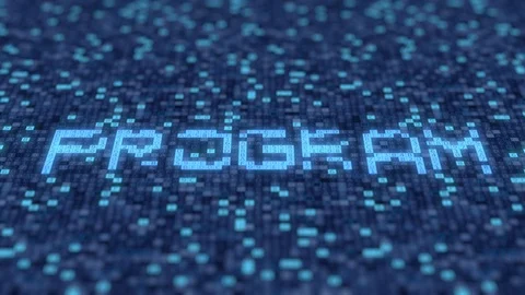 PROGRAM word being made with flashing symbols on a blue screen. Loopable 3D Stock Footage 111062073
