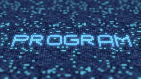 PROGRAM word being made with flashing symbols on a blue screen. 3D rendering Ilustración de archivo