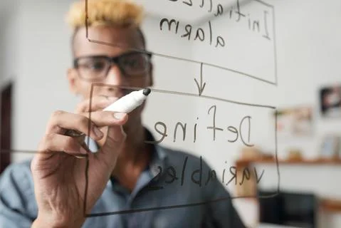 Programer drawing block scheme Stock Photos