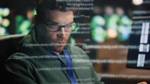 Programer hands typing keyboard working computer pc in data hologram closeup Stock Footage 260243957