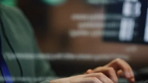 Programer hands typing keyboard working computer in data reflection closeup Stock Footage 260252180