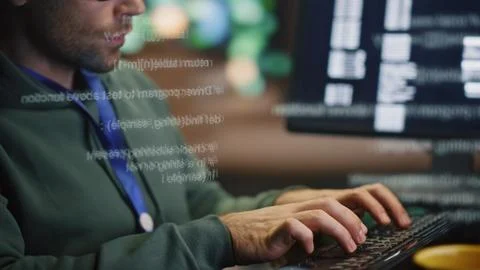 Programer hands typing keyboard working computer pc in data hologram closeup Stock Photos