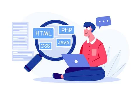 Programer Learning programming languages by computer laptop on website Stock Illustration