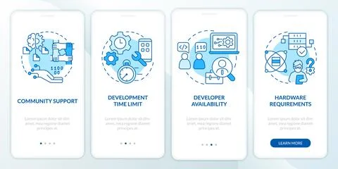 Programing language selection criteria blue onboarding mobile app screen Illustrazione stock