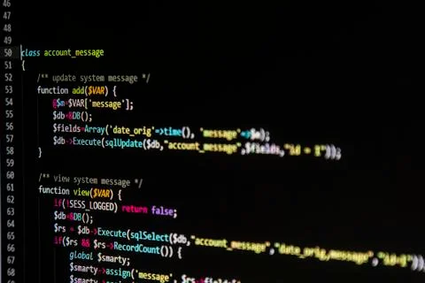 Programing sql php source code on screen Stock Photos