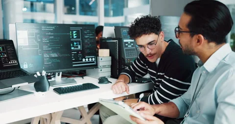 Programing team, computer screen and men brainstorming for development or Stockbeeldmateriaal 309003065