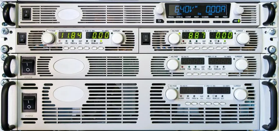Programmable AC and DC power supplies installed in the rack Stock Photos