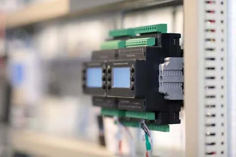 Programmable logic controllers mounted on DIN rail Stock Photos