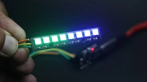 Programmable RGB LED strip with 8 individually addressable LEDs glowing Video stock 336626550