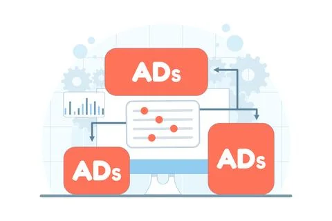 Programmatic advertising concept with real-time ad placement and bidding tools Stock Illustration