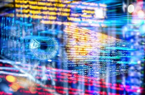 Programmcode mit Auge und Technologie Hintergrund Programmcode mit Auge un... Stock-Fotos