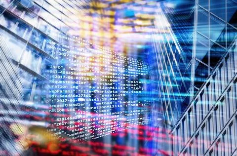 Programmcode und Bürogebäude Programmcode mit abstraktem Technologie Hinte. Stock-Fotos