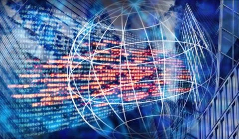 Programmcode und globales Business Programmiercode und globales Netzwerk m... Foto stock