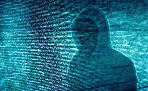 Programmcode und Hacker Die Silhouette eines Hackers vor Programmcode Copy... Stock-Fotos